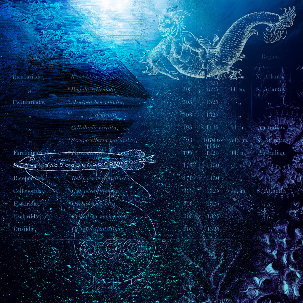 A digital Collage of deep sea visuals from art history and science, including drawings of mythical creatures, nautical tables and drawings of marine organisms. The colours fade from light blue at the top to almost black at the bottom. Drawings and typography appear in lighter blue reminiscent of bioluminiscense.