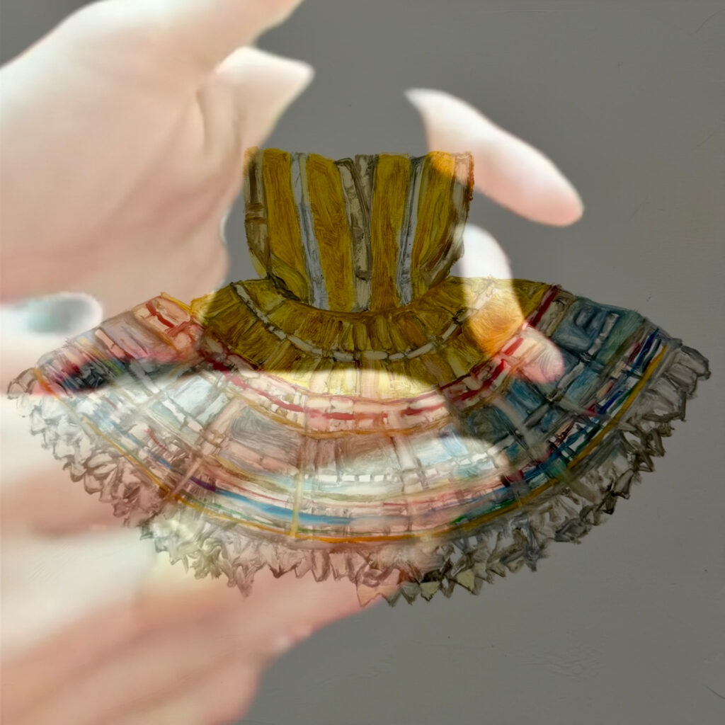 The image shows a detail of the artist Bhasha Chakrabarti’s work "Archive of Divine Possessions". It consists of a superimposition of a colourful miniature (toy) skirt and two human hands that seemingly touch or caringly hold the skirt.